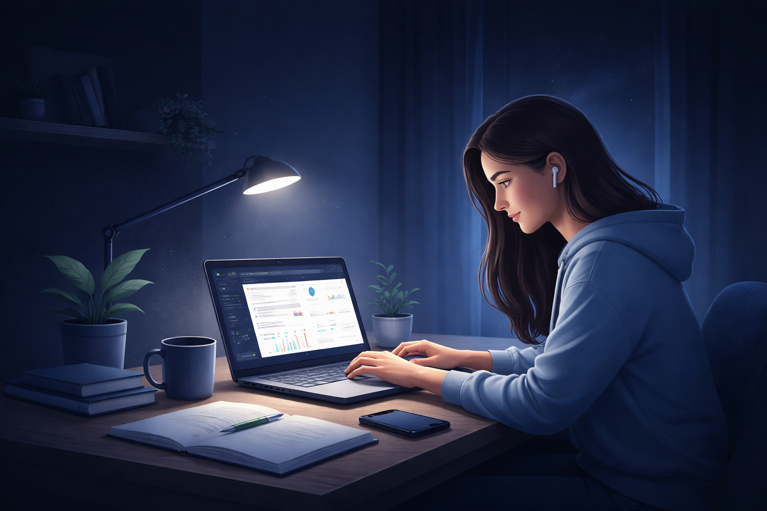 Student studying at desk with laptop